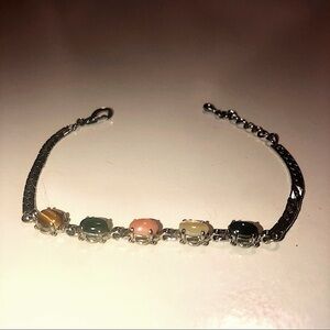 VTG Gemstone Silver Tone Coral Jade Tigers Eye Mother of Pearl Hematite Bracelet